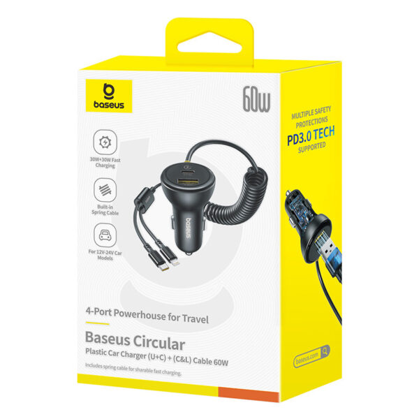 Baseus Circular Plastic Car Charger (U+C) + (C&L) Cable 60W - Image 2