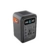 Compact portable power inverter with multiple outlets and USB ports blackgray with an orange strap on the side for carrying