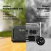 Split-screen comparison: left shows Oraimo PowerStation 600 portable generator with its specs, right shows a wheeled diesel generator.